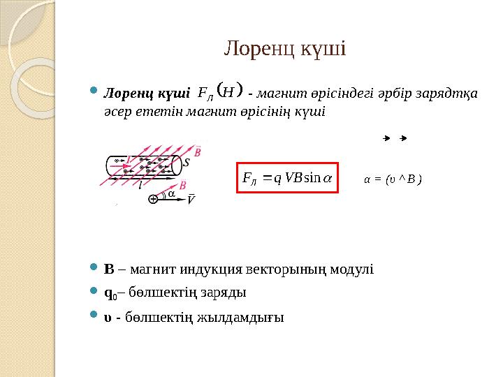 Лоренц күші Лоренц күші - магнит өрісіндегі әрбір зарядтқа әсер ететін магнит өрісінің күші В – магнит ин