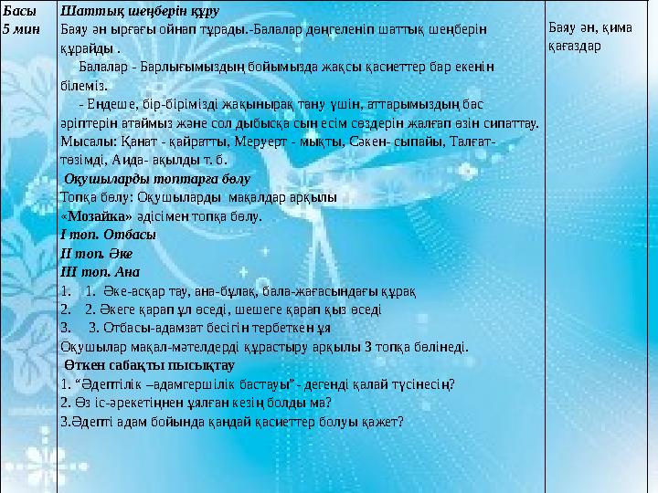 Басы 5 мин Шаттық шеңберін құру Баяу ән ырғағы ойнап тұрады.-Балалар дөңгеленіп шаттық шеңберін құрайды . Балалар - Барлы