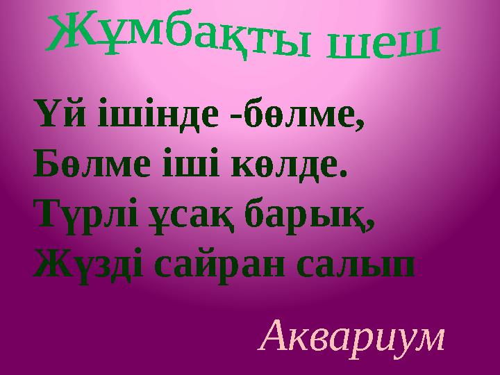 Үй ішінде -бөлме, Бөлме іші көлде. Түрлі ұсақ барық, Жүзді сайран салып Аквариум