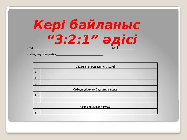 Cабақтан есімде қалған 3 факті 1 2 3 Сабақта үйренген 2 қызықты нәрсе 1 2 Сабақ бойынша 1 сұрақ 1 Кері байланыс “3:2:1” әді