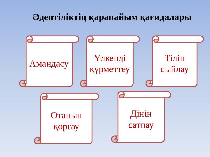 Амандасу Үлкенді құрметтеу Тілін сыйлау Отанын қорғау Дінін сатпау Әдептіліктің қарапайым қағидалары