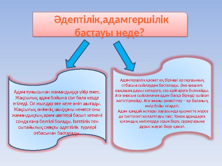 Әдептілік,адамгершілік бастауы неде? Адам тумысынан жамандыққа үйір емес. Жақсылық адам бойына сол бала кезд