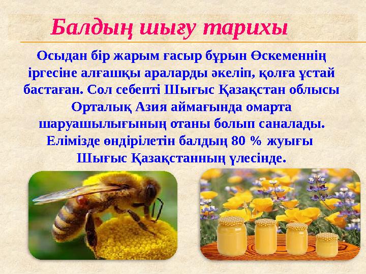 Осыдан бір жарым ғасыр бұрын Өскеменнің іргесіне алғашқы араларды әкеліп, қолға ұстай бастаған. Сол себепті Шығыс Қазақстан