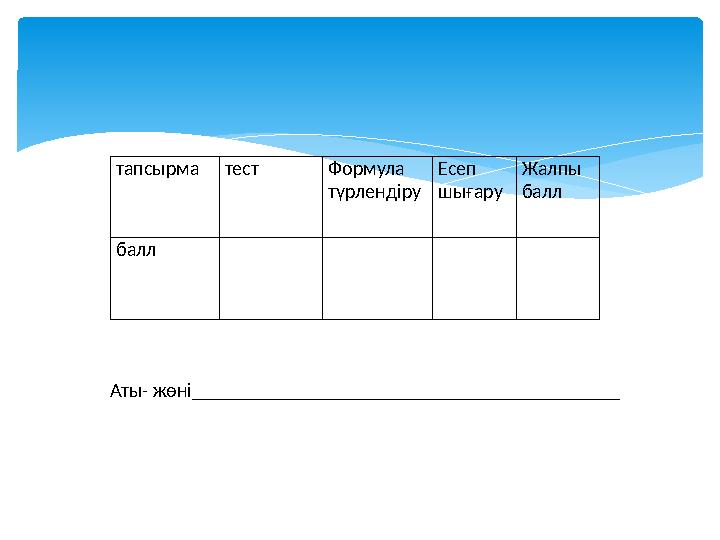 тапсырматест Формула түрлендіру Есеп шығару Жалпы балл балл Аты- жөні_________________________________________