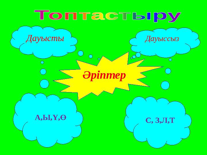 Әріптер Дауысты Дауыссыз А,Ы,Ү,Ө С, З,Л,Т