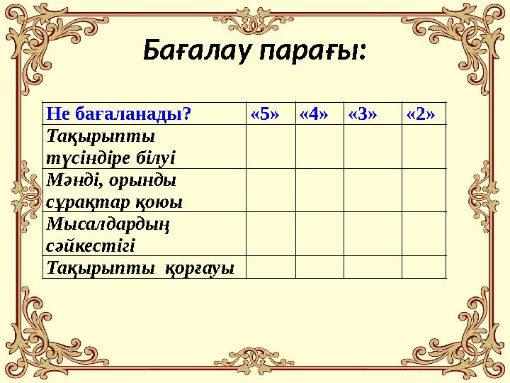 Бағалау парағы: Не бағаланады? «5»«4»«3»«2» Тақырыпты түсіндіре білуі Мәнді, орынды сұрақтар қоюы Мысалдардың сәйкестігі Тақ