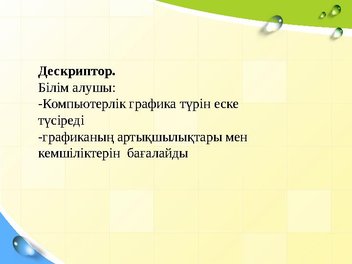 Дескриптор. Білім алушы: -Компьютерлік графика түрін еске түсіреді -графиканы