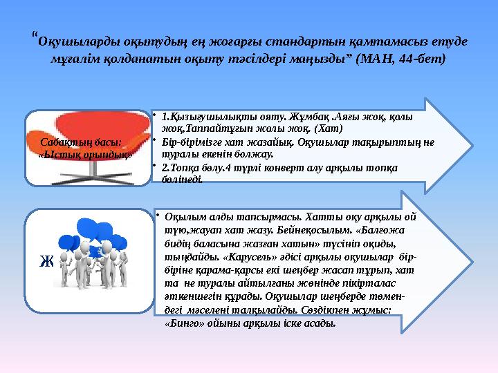 “Оқушыларды оқытудың ең жоғарғы стандартын қамтамасыз етуде мұғалім қолданатын оқыту тәсілдері маңызды” (МАН, 44-бет) •1.Қызы “Оқушыларды оқытудың ең жоғарғы стандартын қамтамасыз етуде мұғалім қолданатын оқыту тәсілдері маңызды” (МАН, 44-бет) •1.Қызы