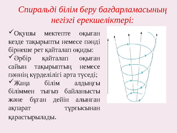 Спиральді білім беру бағдарламасының негізгі ерекшеліктері:  Оқушы мектепте оқыған кезде тақырыпты немесе пәнді бірнеше