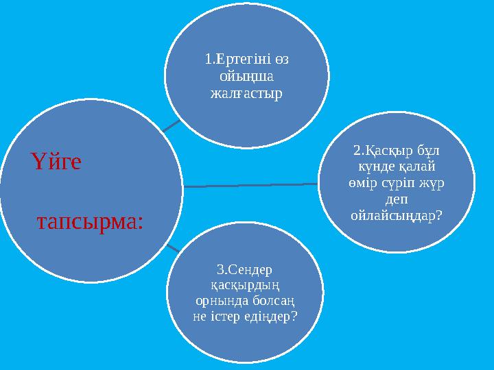 1.Ертегіні өз ойыңша жалғастыр 2.Қасқыр бұл күнде қалай өмір сүріп жүр деп ойлайсыңдар? 3.Сендер қасқырдың орнында болса