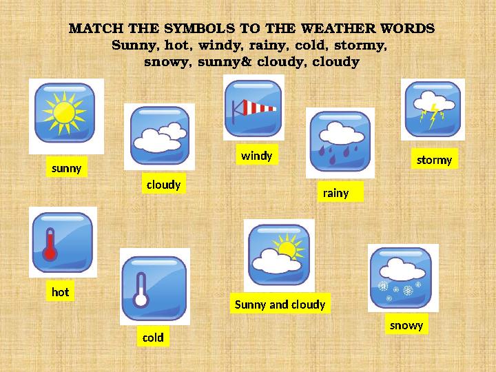 MATCH THE SYMBOLS TO THE WEATHER WORDS Sunny, hot, windy, rainy, cold, stormy, snowy, sunny& cloudy, cloudy sunny cloudy windy