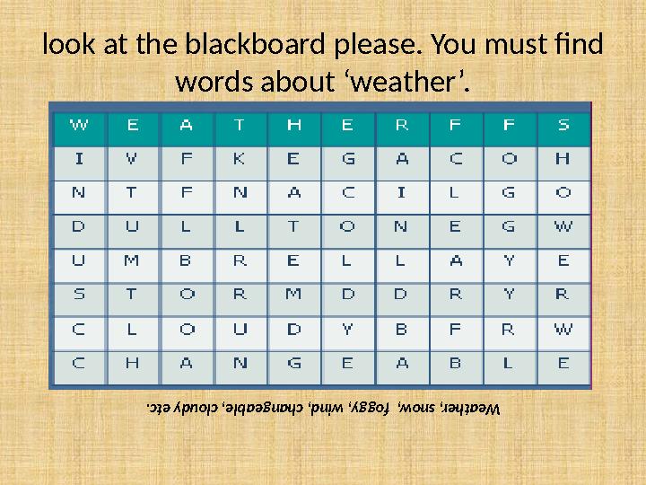 look at the blackboard please. You must find words about ‘weather’.Weather, snow, foggy, wind, changeable, cloudy e tc.