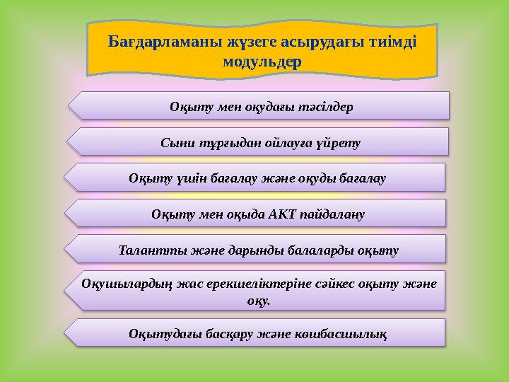 Бағдарламаны жүзеге асырудағы тиімді модульдер Оқыту мен оқудағы тәсілдер Сыни тұрғыдан ойлауға үйрету Оқыту үшін бағалау жә