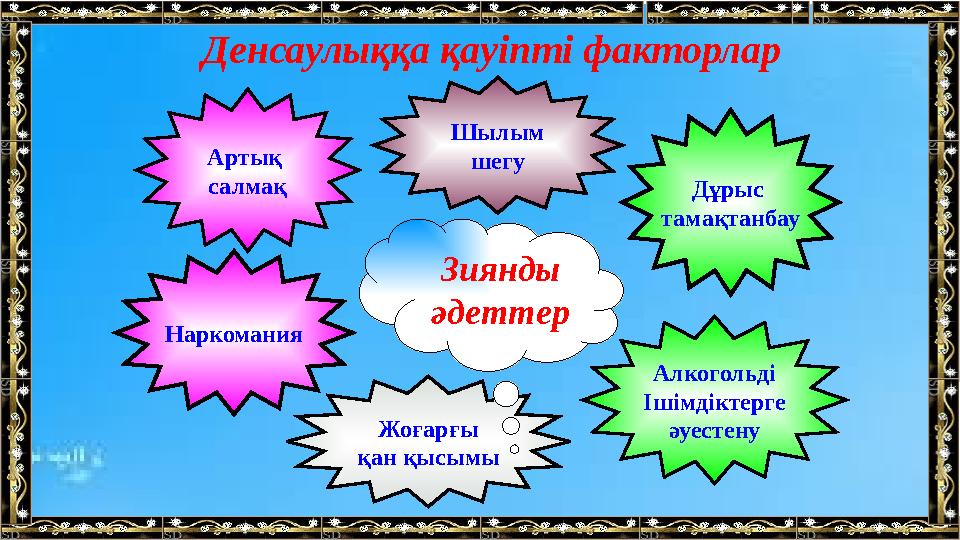 Денсаулыққа қауіпті факторлар Жоғарғы қан қысымы Зиянды әдеттерАртық салмақ Наркомания Шылым шегу Дұрыс тамақтанбау Алкогольді