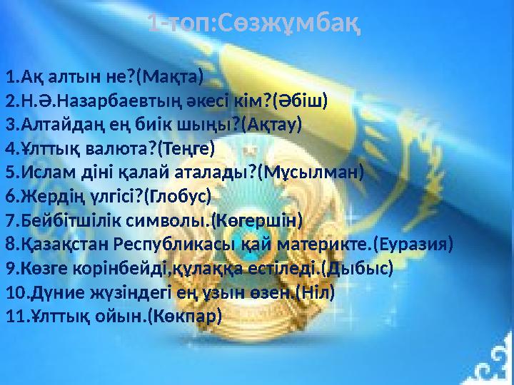 1.Ақ алтын не?(Мақта) 2.Н.Ә.Назарбаевтың әкесі кім?(Әбіш) 3.Алтайдаң ең биік шыңы?(Ақтау) 4.Ұлттық валюта?(Теңге) 5.Ислам діні қ