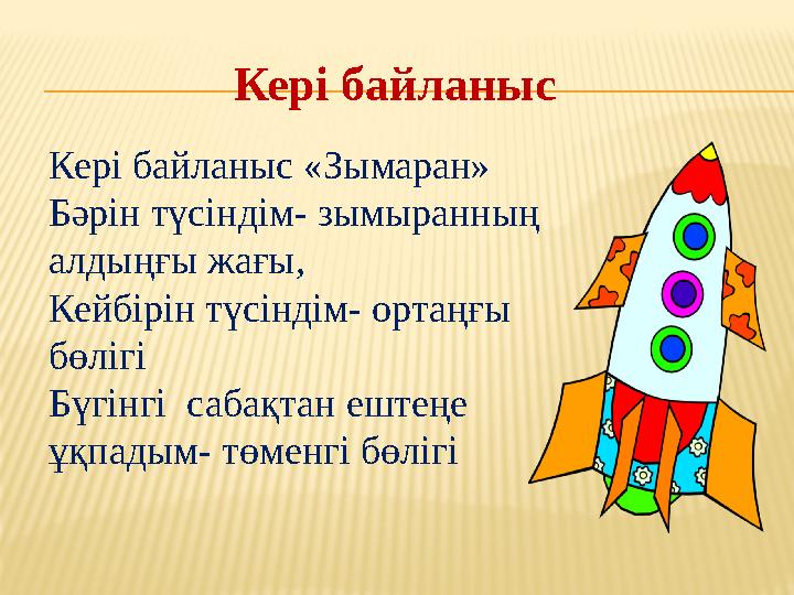 Кері байланыс Кері байланыс «Зымаран» Бәрін түсіндім- зымыранның алдыңғы жағы, Кейбірін түсіндім- ортаңғы бөлігі Бүгінгі саб
