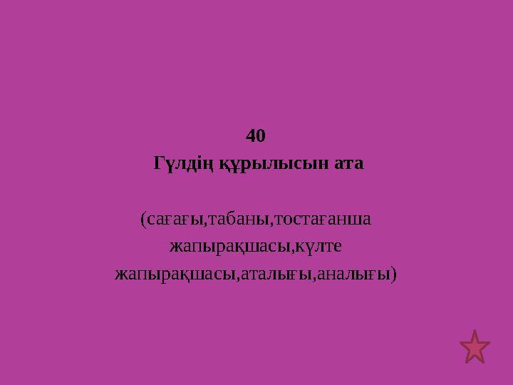 40 Гүлдің құрылысын ата (сағағы,табаны,тостағанша жапырақшасы,күлте жапырақшасы,аталығы,аналығы)