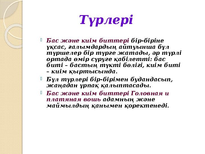 Түрлері Бас және киім биттері бір-біріне ұқсас, ғалымдардың айтуынша бұл түршелер бір түрге жатады, әр Түрлері Бас және киім биттері бір-біріне ұқсас, ғалымдардың айтуынша бұл түршелер бір түрге жатады, әр