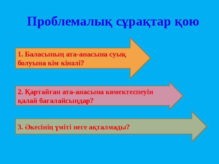 Проблемалық сұрақтар қою 1. Баласының ата-анасына суық болуына кім кінәлі? 2. Қартайған ата-анасына көмектеспеуін қалай бағала