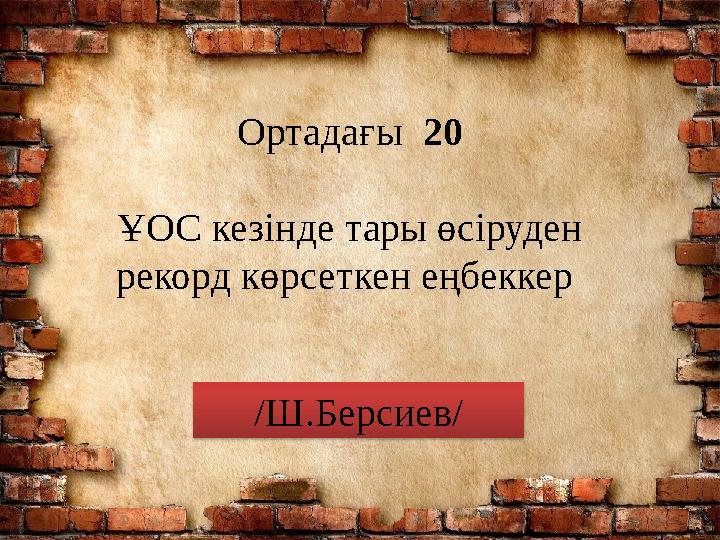 Ортадағы 20 ҰОС кезінде тары өсіруден рекорд көрсеткен еңбеккер /Ш.Берсиев/