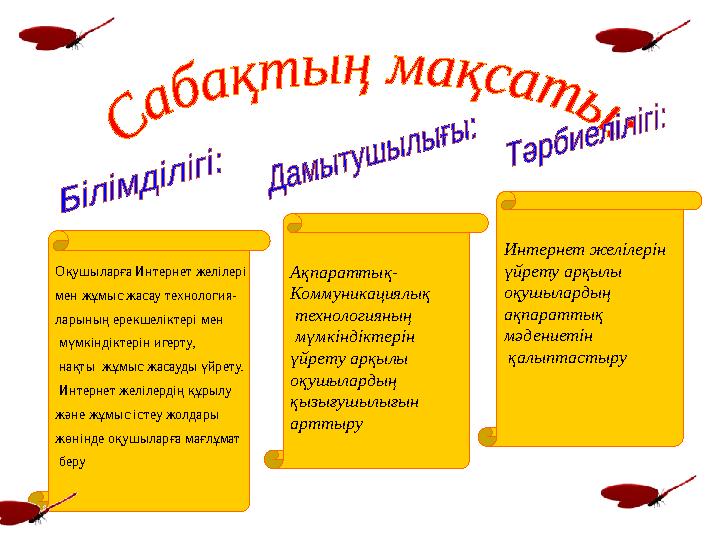 Оқушыларға Интернет желілері мен жұмыс жасау технология- ларының ерекшеліктері мен мүмкіндіктерін игерту, нақты жұмыс жасауды