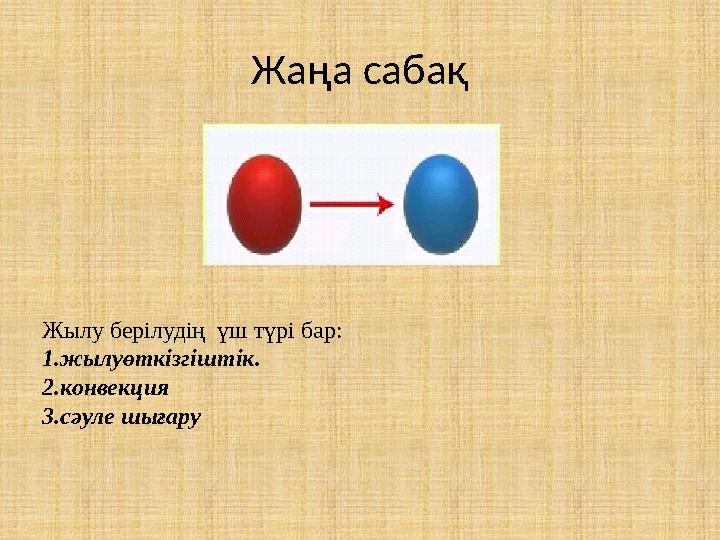 Жаңа сабақ Жылу берілудің үш түрі бар: 1.жылуөткізгіштік. 2.конвекция 3.сәуле шығару