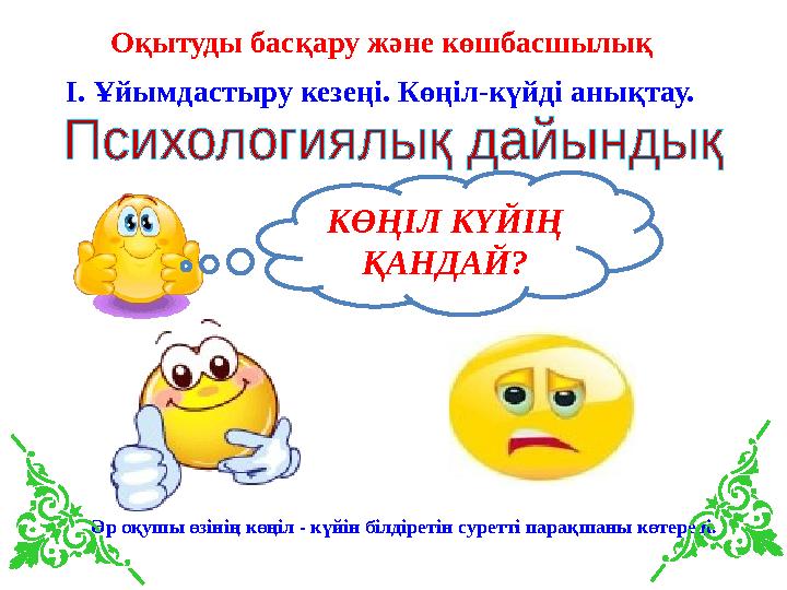 КӨҢІЛ КҮЙІҢ ҚАНДАЙ? І. Ұйымдастыру кезеңі. Көңіл-күйді анықтау. Әр оқушы өзінің көңіл - күйін білдіретін суретті парақшаны кө КӨҢІЛ КҮЙІҢ ҚАНДАЙ? І. Ұйымдастыру кезеңі. Көңіл-күйді анықтау. Әр оқушы өзінің көңіл - күйін білдіретін суретті парақшаны кө
