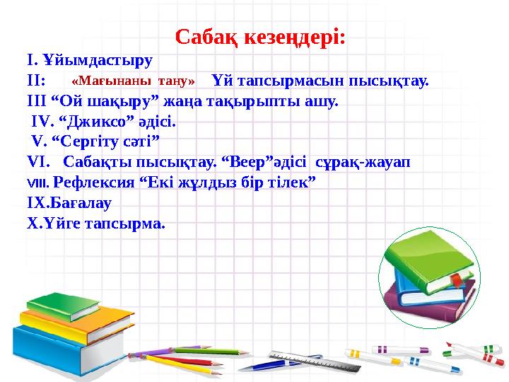 Сабақ кезеңдері: І. Ұйымдастыру ІІ: Үй тапсырмасын пысықтау. ІІІ “Ой шақыру” жаңа тақырыпт Сабақ кезеңдері: І. Ұйымдастыру ІІ: Үй тапсырмасын пысықтау. ІІІ “Ой шақыру” жаңа тақырыпт