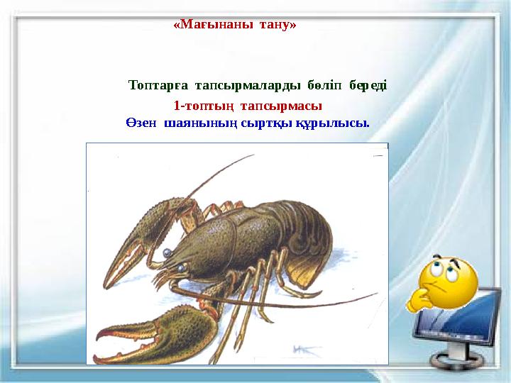 «Мағынаны тану» Топтарға тапсырмаларды бөліп береді 1-топтың тапсырмасы Өзен шаянының сыртқы құрылысы. «Мағынаны тану» Топтарға тапсырмаларды бөліп береді 1-топтың тапсырмасы Өзен шаянының сыртқы құрылысы.