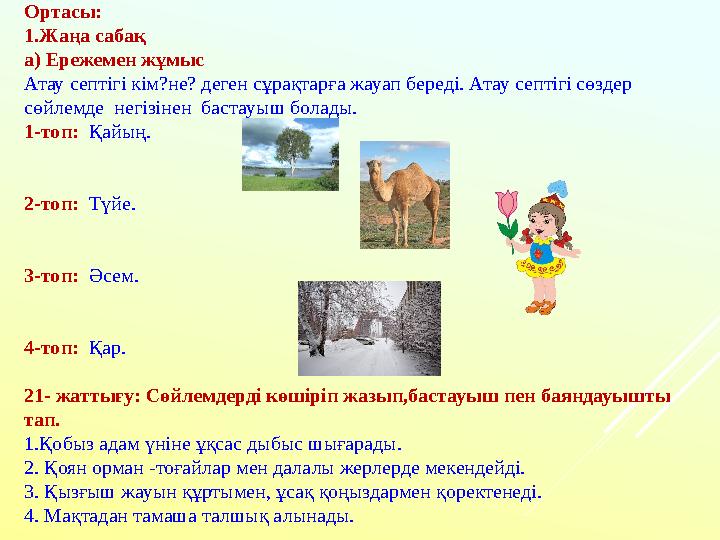 Ортасы: 1.Жаңа сабақ а) Ережемен жұмыс Атау септігі кім?не? деген сұрақтарға жауап береді. Атау септігі сөздер сөйлемде негізі