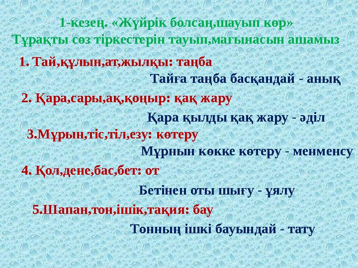 1-кезең. « Жүйрік болсаң,шауып көр » Тұрақты сөз тіркестерін тауып,мағынасын ашамыз 1 . Тай,құлын,ат,жылқы: таңба Тайға таңба б