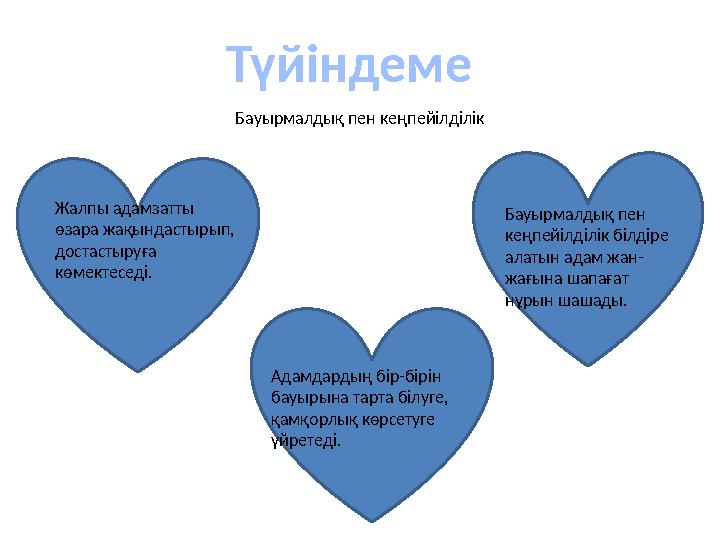 Түйіндеме Бауырмалдық пен кеңпейілділік Жалпы адамзатты өзара жақындастырып, достастыруға көмектеседі. Адамдардың бір-бірін