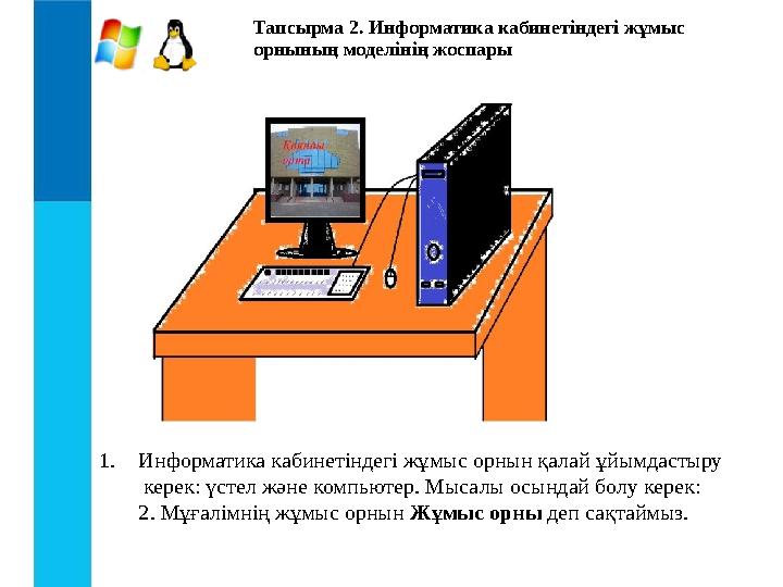 Тапсырма 2. Информатика кабинетіндегі жұмыс орнының моделінің жоспары 1. Информатика кабинетіндегі жұмыс орнын қалай ұйымдастыр