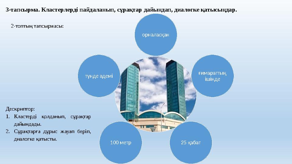 3-тапсырма. Кластерлерді пайдаланып, сұрақтар дайындап, диалогке қатысыңдар. 2-топтың тапсырмасы: орналасқан ғимараттың ішінде