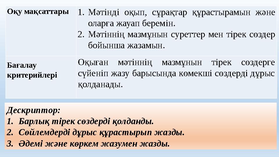 Оқу мақсаттары 1.Мәтінді оқып, сұрақтар құрастырамын және оларға жауап беремін. 2.Мәтіннің мазмұнын суреттер мен тірек сөздер