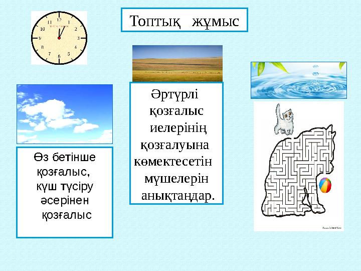 Топтық жұмыс Өз бетінше қозғалыс, күш түсіру әсерінен қозғалыс Әртүрлі қозғалыс иелерінің қозғалуына көмектесетін м