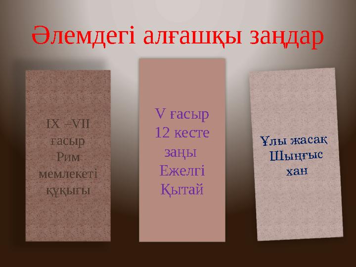Әлемдегі алғашқы заңдар ІХ –VІІ ғасыр Рим мемлекеті құқығы V ғасыр 12 кесте заңы Ежелгі Қытай Ұлы жасақ Шыңғыс х