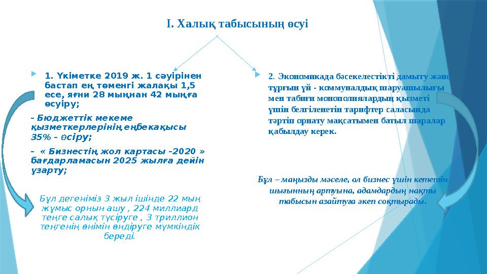 I . Халық табысының өсуі  1. Үкіметке 2019 ж. 1 сәуірінен бастап ең төменгі жалақы 1,5 есе, яғни 28 мыңнан 42 мыңға өсуіру;