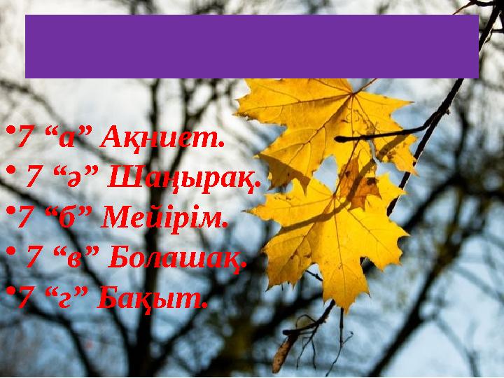 Топтың аттары • 7 “а” Ақниет. • 7 “ә” Шаңырақ. • 7 “б” Мейірім. • 7 “в” Болашақ. • 7 “г” Бақыт.