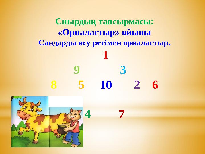 Сиырдың тапсырмасы: «Орналастыр» ойыны Сандарды өсу ретімен орналастыр. 1 9 3 8 5 10 2 6 4