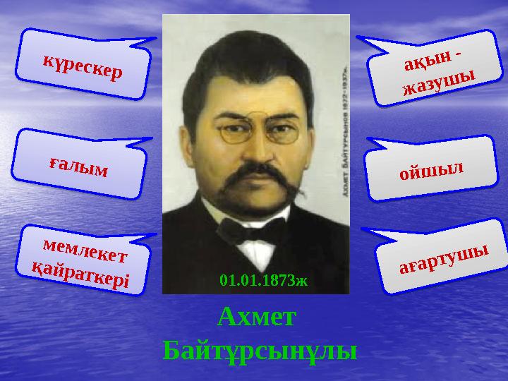 Ахмет Байтұрсынұлы күрескер мемлекет қайраткеріақын - жазушы ақын - жазушыағартушы ағартушы ғалымойшыл ойшыл 01.01.1873