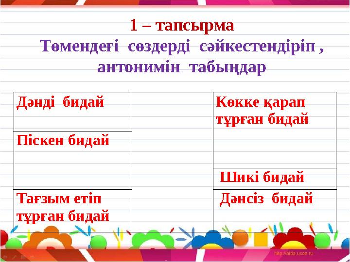 1 – тапсырма Төмендеғі сөздерді сәйкестендіріп , антонимін табыңдар Дәнді бидай Көкке қарап тұрған бидай Піскен бидай Шик