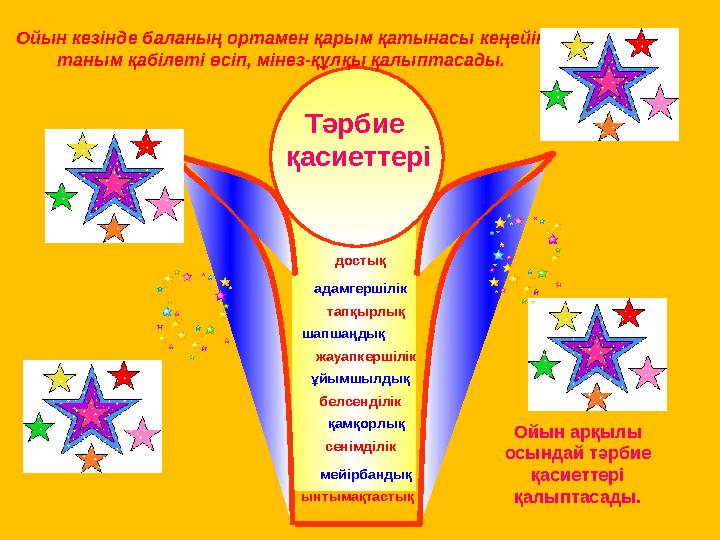 тапқырлық жауапкершілік ұйымшылдық адамгершілік мейірбандық ынтымақтастық белсенділік қамқорлық Тәрбие қасиеттері Ойын арқылы