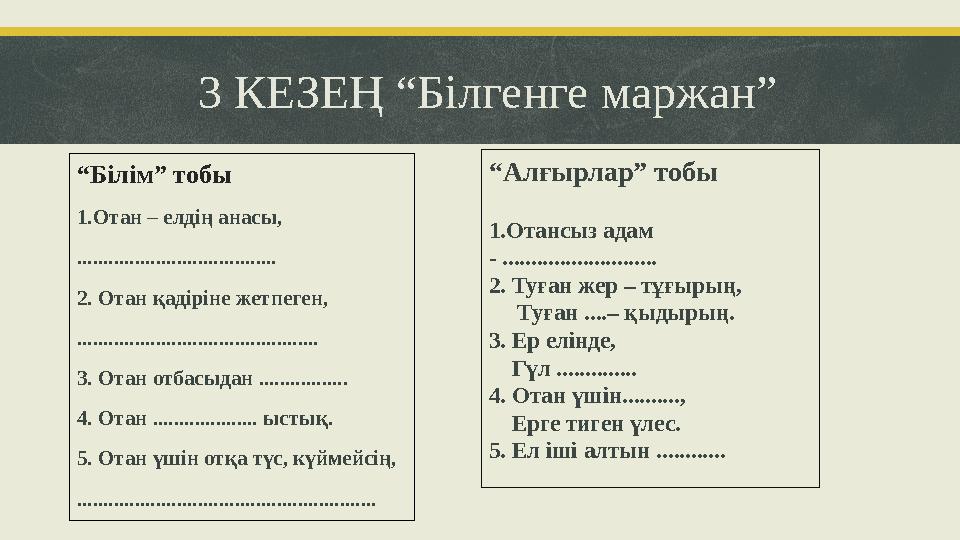 3 КЕЗЕҢ “Білгенге маржан” “Білім” тобы 1.Отан – елдің анасы, ...................................... 2. Отан қадіріне жетпеген, .