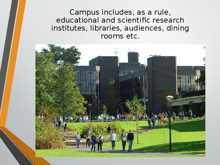 Campus includes, as a rule, educational and scientific research institutes, libraries, audiences, dining rooms etc.