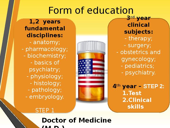 Form of education 1,2 years fundamental disciplines: - anatomy; - pharmacology; - biochemistry; - basics of psychiatry; - ph