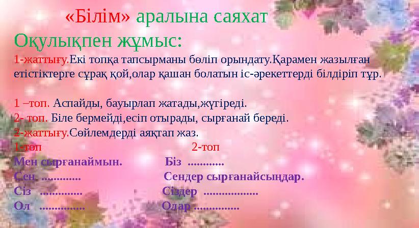 «Білім» аралына саяхат Оқулықпен жұмыс: 1-жаттығу.Екі топқа тапсырманы бөліп орындату.Қарамен жазылған еті
