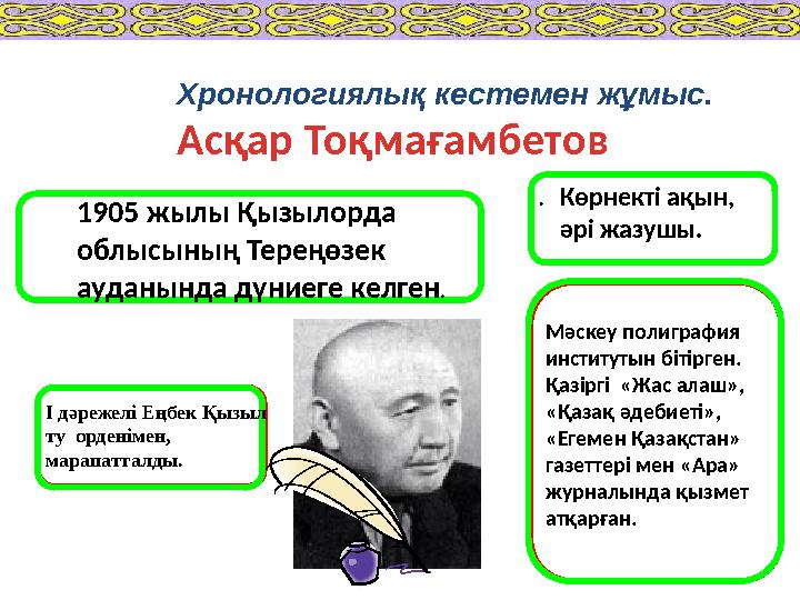 Хронологиялық кестемен жұмыс. Асқар Тоқмағамбетов . 1905 жылы Қызылорда облысының Тереңөзек ауданында дүниеге келг