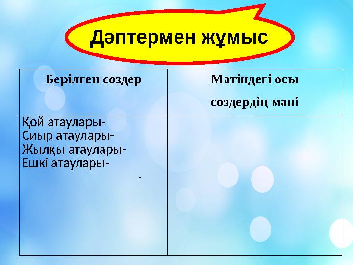 - Дәптермен жұмыс Берілген сөздер Мәтіндегі осы сөздердің мәні Қой атаулары- Сиыр атаулары- Жылқы атаулары- Ешкі атаулары-