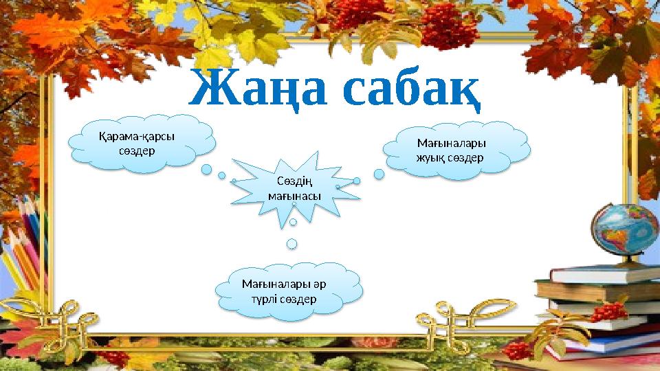 Жаңа сабақ Сөздің мағынасы Мағыналары жуық сөздер Мағыналары әр түрлі сөздер Қарама-қарсы сөздер